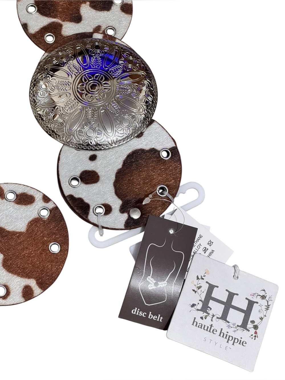 HAUTE HIPPIE Meghan Faux Cow Disc Belt S/M Brown/White $40 Retail NWT - Picture 4 of 8